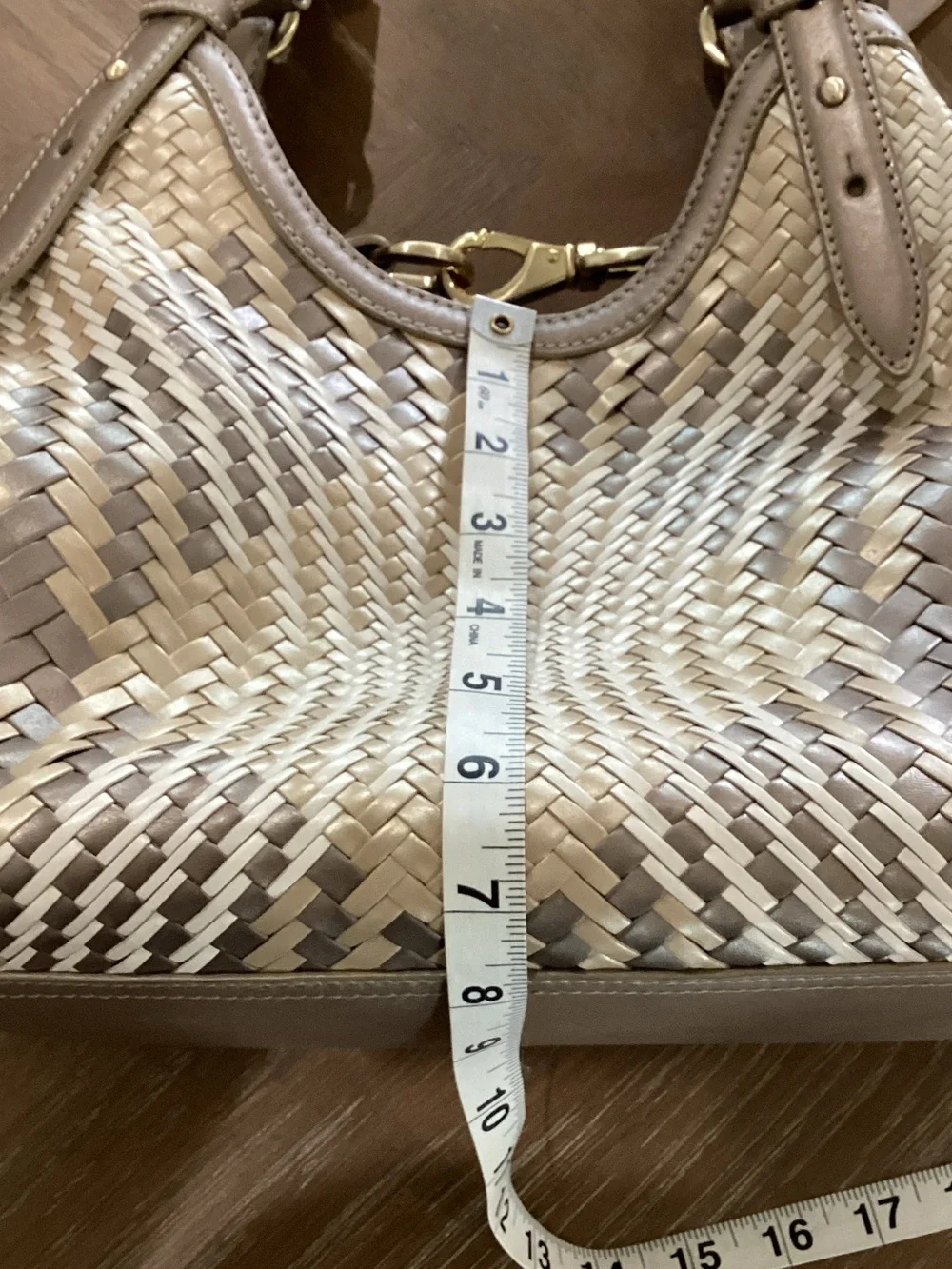 Cole Haan Woven Shoulder Bag in Taupe, Cream, and Brown
